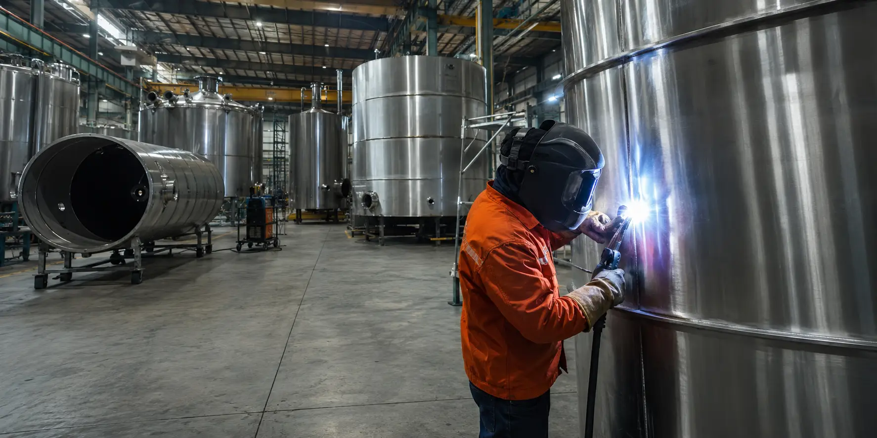 TIG welding and stainless steel water tank fabrication in industrial manufacturing workshop