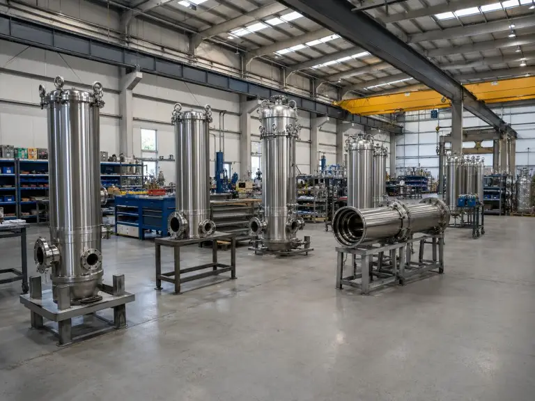 Industrial workshop producing stainless steel cartridge filter housings, Qingdao water treatment equipment facility