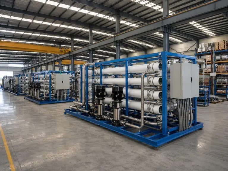 Water treatment equipment manufacturing workshop showing brackish RO system assembly
