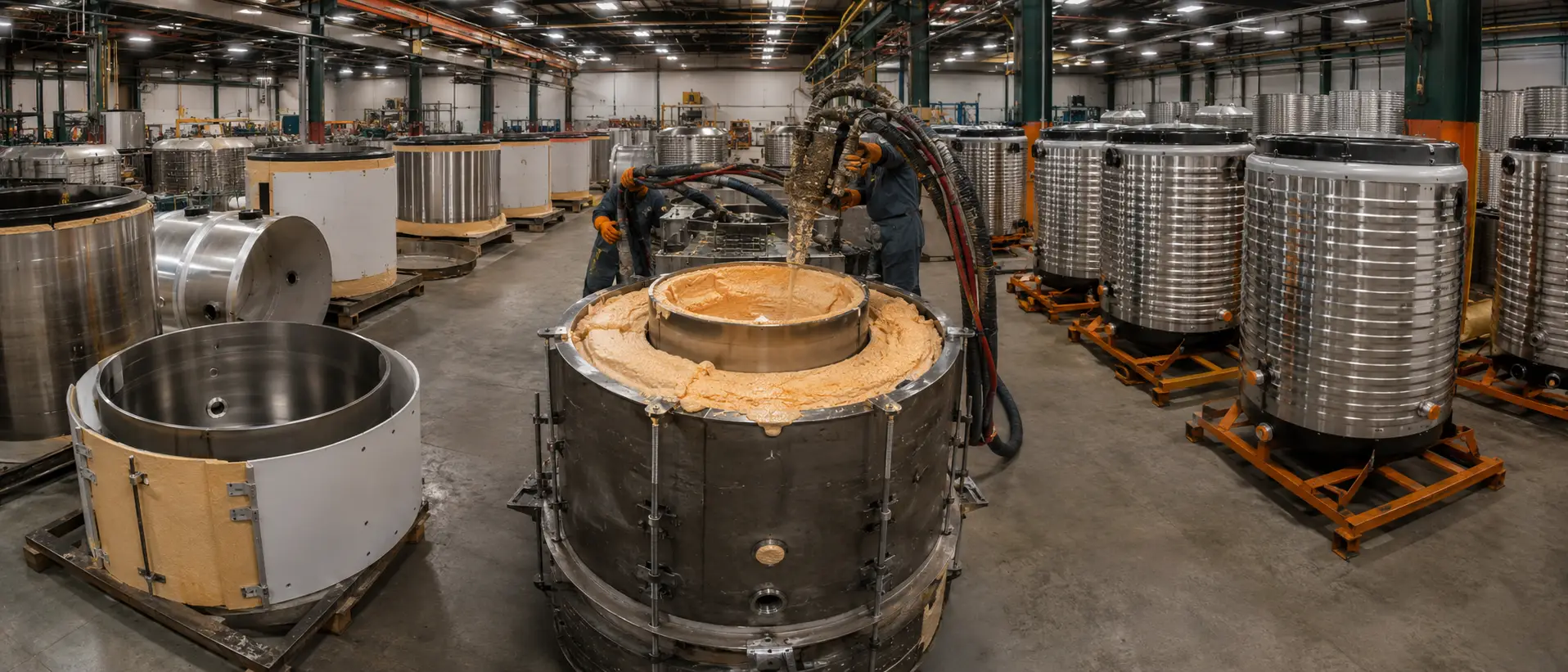 Factory interior showing insulated tank fabrication workshop and PU foam injection process on tank shell