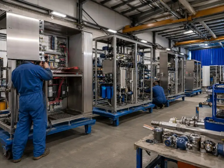 Technicians assembling ozone generator units in manufacturing workshop
