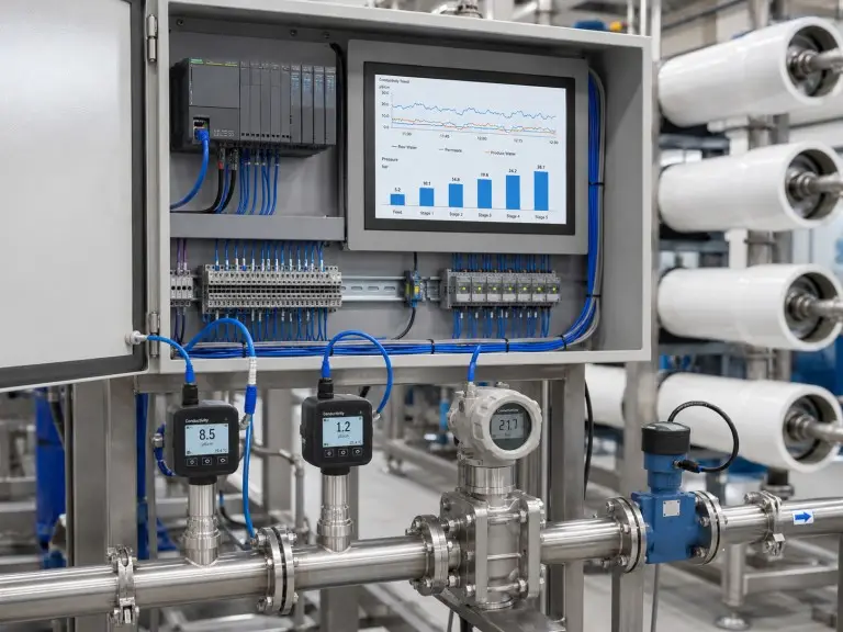 Industrial RO system control panel with online conductivity monitoring and pressure instrumentation