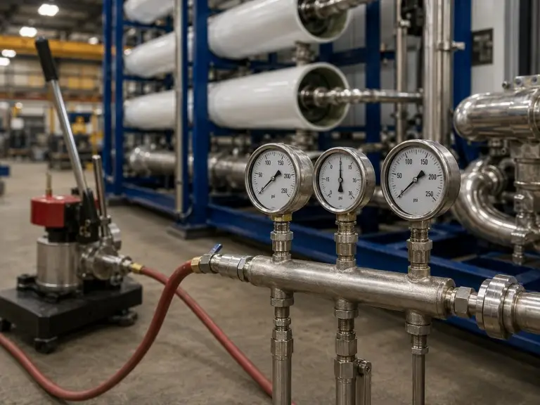 Industrial RO system hydrostatic pressure test at Hiju factory before shipment