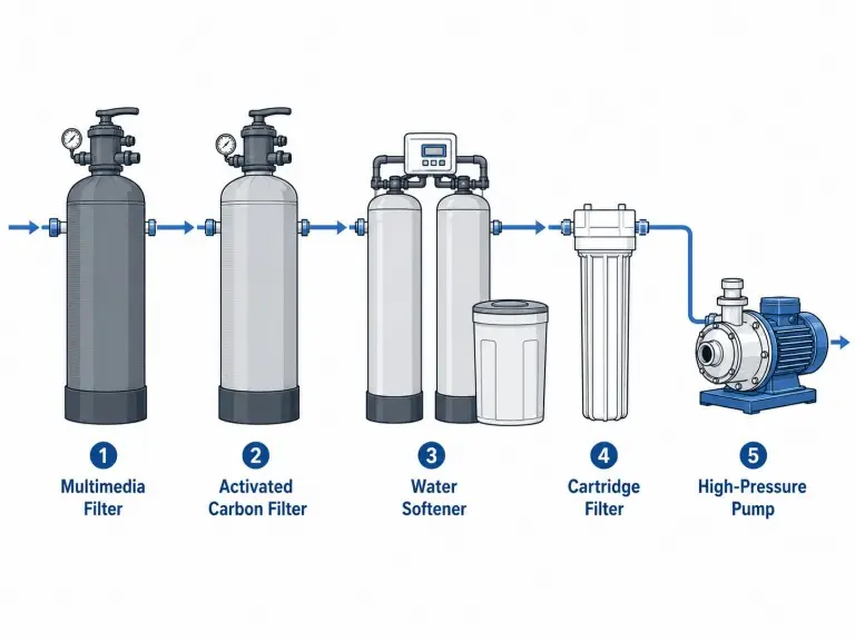 Pretreatment flow diagram for tap water RO system showing multimedia filter, activated carbon filter, water softener, and cartridge filter stages