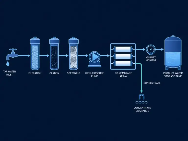Process flow diagram showing steps from raw tap water feed through pretreatment, high-pressure pump, RO membrane array, and product water output