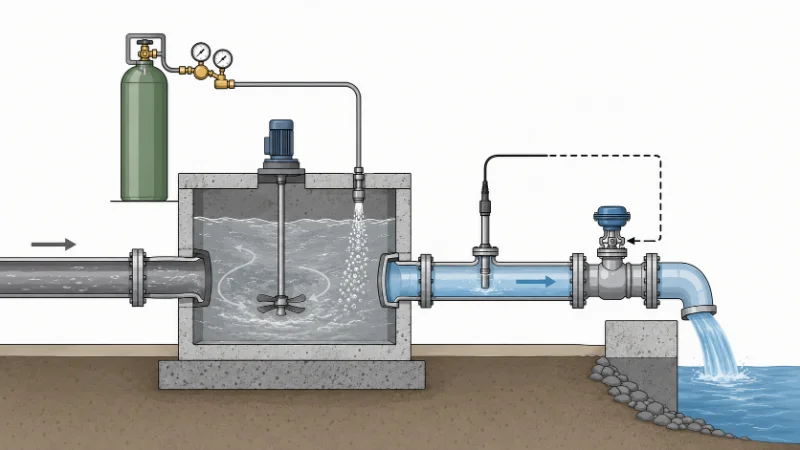 Process flow of concrete wastewater pH neutralization showing CO2 injection, mixing, pH probe feedback, and treated-water outlet to discharge