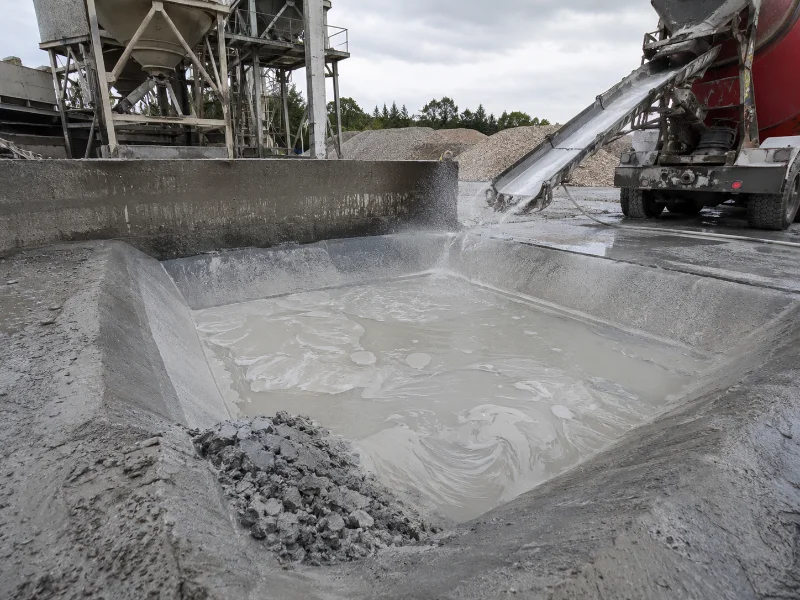 Concrete batch plant washout area where alkaline slurry and cement fines enter a settling pit ahead of wastewater treatment