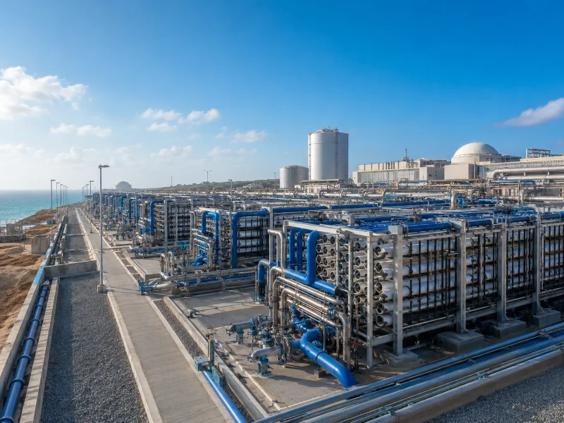 Reverse osmosis desalination skids treating seawater at an industrial water treatment plant