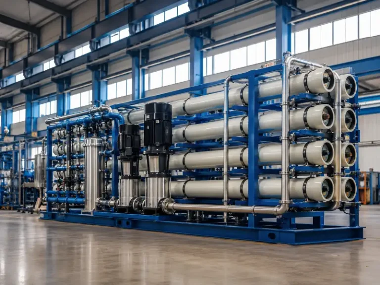 MF UF NF and RO membrane water treatment system skid in an industrial facility
