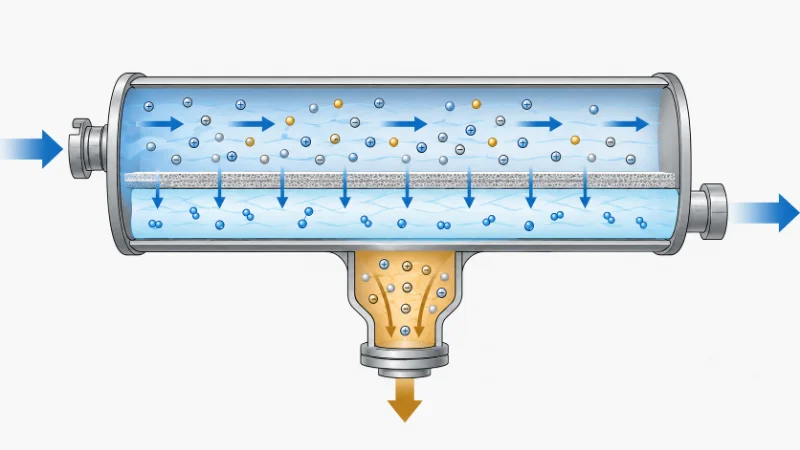 Cross-flow reverse osmosis separation with feed water, a semi-permeable membrane, permeate, and a concentrate reject stream