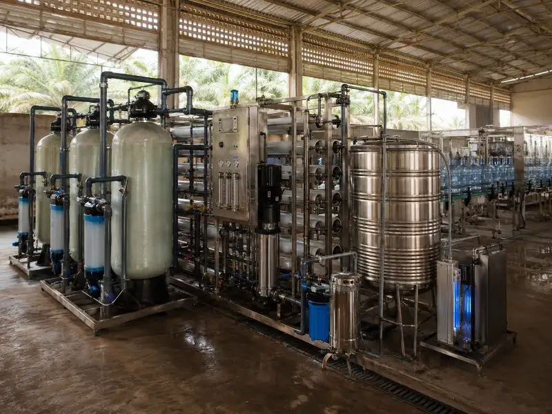 Brackish water RO system installed in a north-Java bottled-water plant, feeding the bottling line