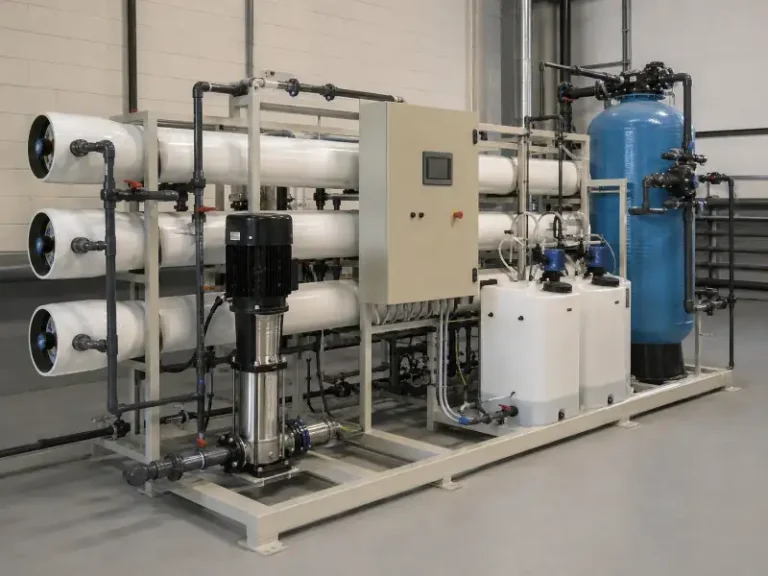 Two-stage 5 m3/h brackish water RO system skid with FRP membrane vessels and a high-pressure pump
