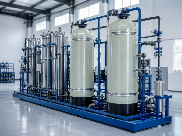 Industrial ion exchange water treatment system with cation and anion exchange vessels in a manufacturing facility