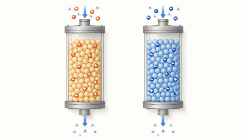 Diagram comparing cation and anion exchange, with positive ions captured by cation resin and negative ions captured by anion resin