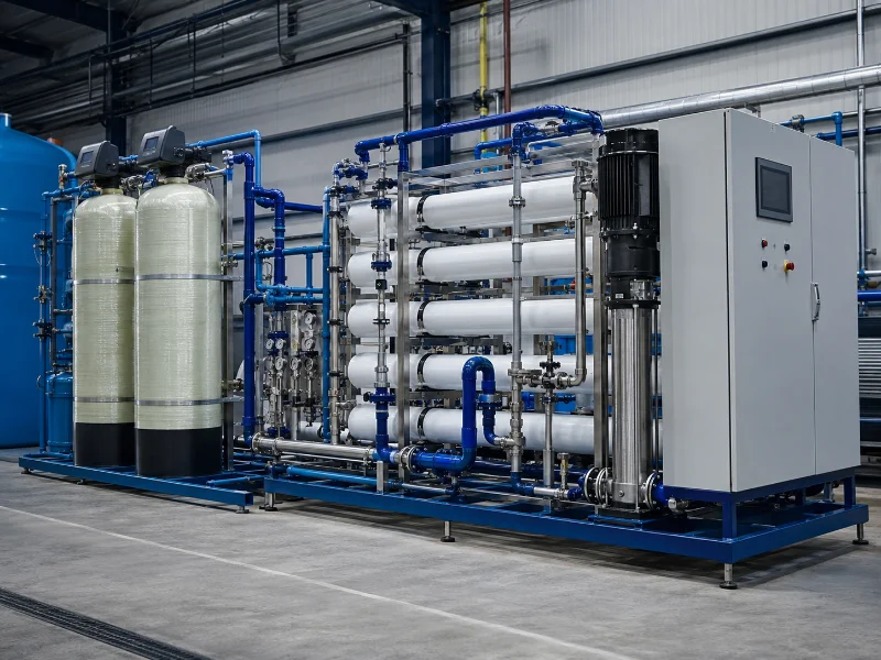 Industrial reverse osmosis skid with sediment and carbon pre-filters, membrane pressure vessels, and a high-pressure pump