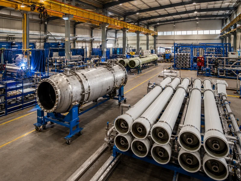 Pressure vessels and membrane housings for industrial reverse osmosis systems being fabricated and pressure-tested on a workshop floor under engineering oversight