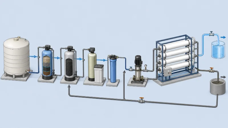 Technical schematic of an industrial reverse osmosis train showing pretreatment, membrane array, high-pressure pump and recovery loop that drive system cost