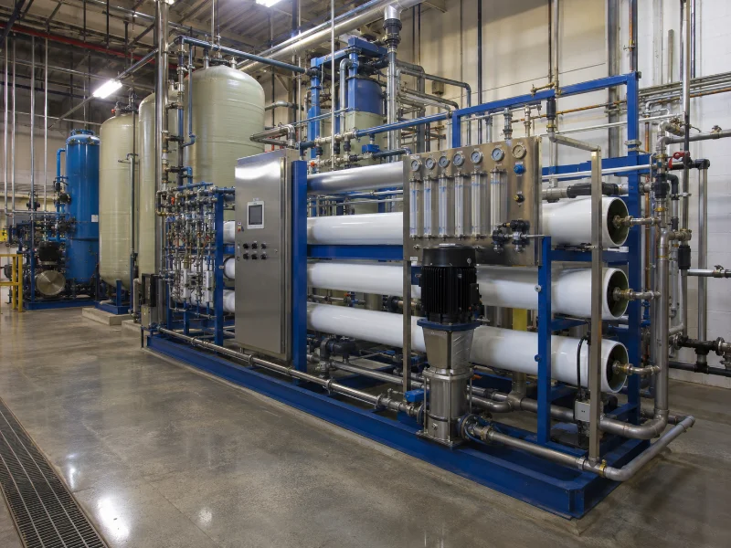Skid-mounted reverse osmosis and ion exchange demineralization system installed for industrial boiler feed water