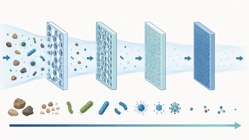Membrane filtration spectrum showing MF UF NF and RO pore sizes and contaminant removal targets