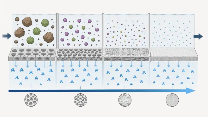 Separation range chart comparing MF UF NF and RO membrane filtration by pore size and contaminants removed