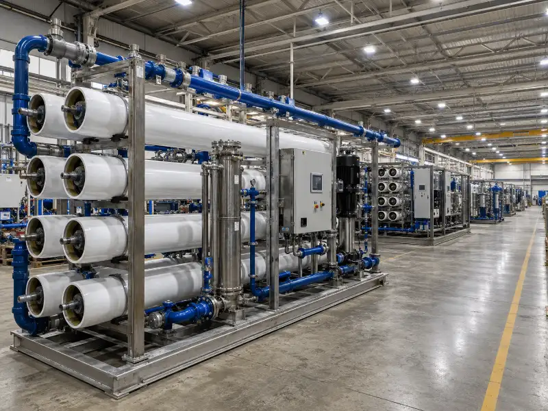 Reverse osmosis and ultrafiltration membrane skids being assembled in a water treatment equipment workshop