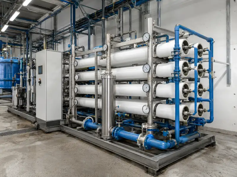 Skid-mounted membrane filtration and reverse osmosis system treating source water in an industrial water treatment plant 