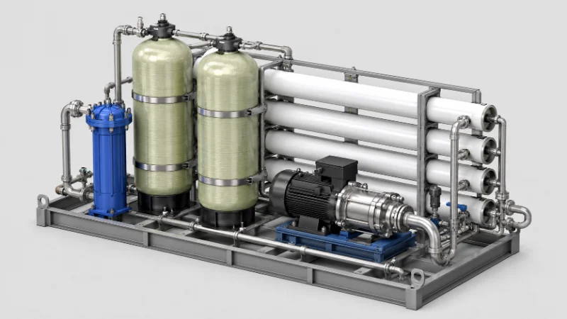 Cutaway reverse osmosis skid showing membrane housings, high-pressure pump, and pressure vessels, the components with different offshore service-life intervals