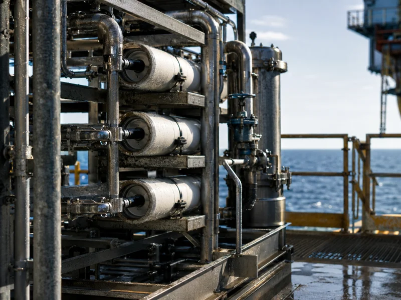 Stainless-steel water treatment equipment on an open offshore deck exposed to salt-laden air and vibration, conditions that shorten system lifespan
