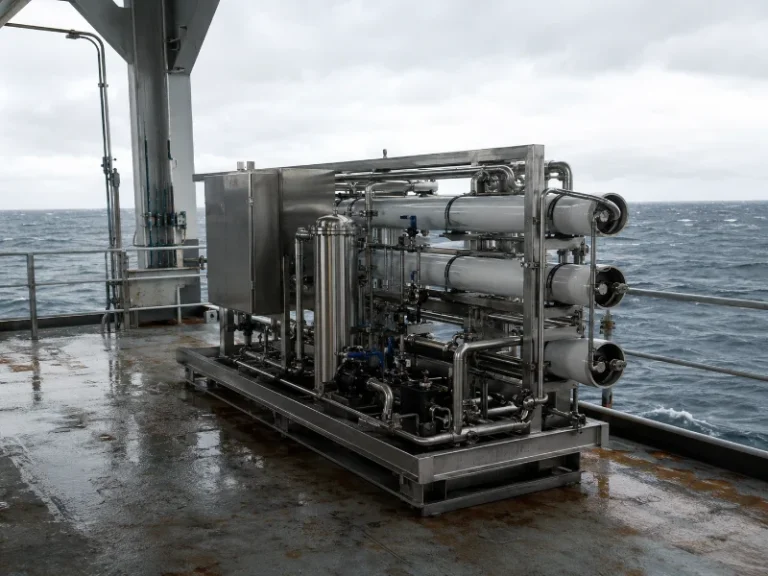 Offshore water treatment system skid mounted on a sea platform deck under salt spray, the marine corrosion exposure that drives service life