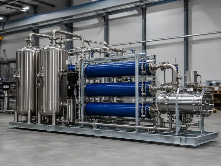 Skid-mounted industrial water treatment equipment train showing primary filtration, membrane, and disinfection stages in an enclosed workshop