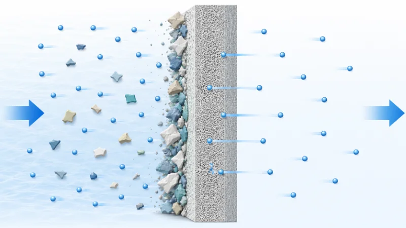 Cross-section of a reverse osmosis membrane rejecting microplastic particles while water molecules pass through under feed pressure