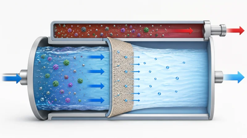 Reverse osmosis process showing feed water forced through a semi-permeable membrane into permeate and concentrate streams
