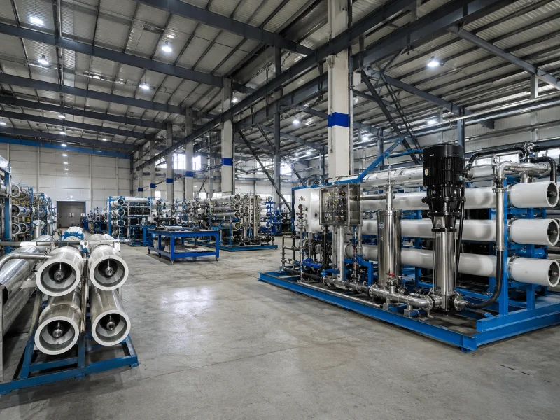Reverse osmosis system skids and membrane housings under fabrication and hydraulic pressure testing in an enclosed manufacturing workshop