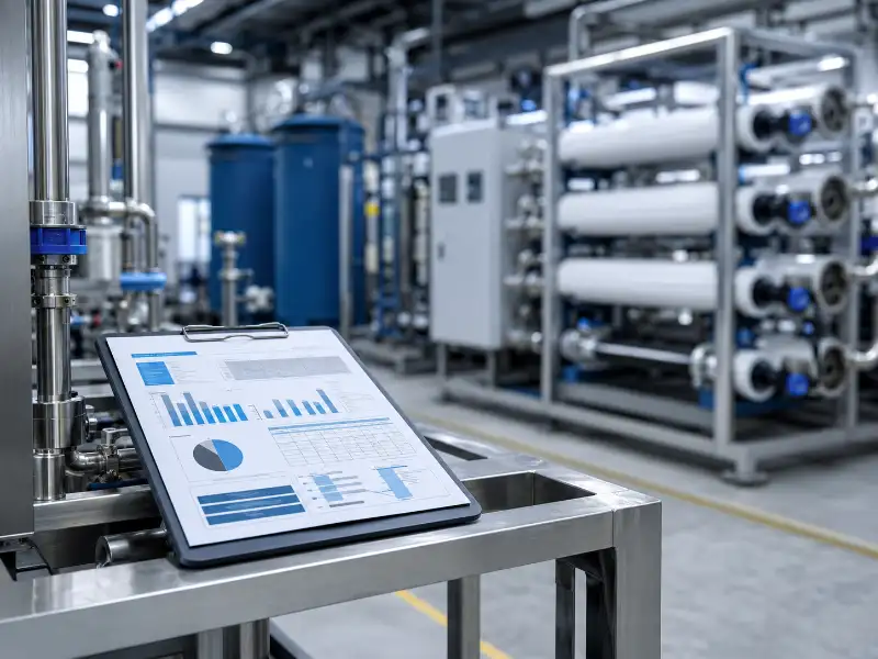Water treatment engineer reviewing a source water analysis report beside skid-mounted filtration and RO equipment