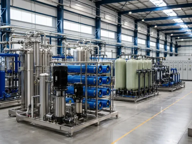 Industrial water treatment plant hall showing reverse osmosis skids, filtration vessels and storage tanks across feed water types