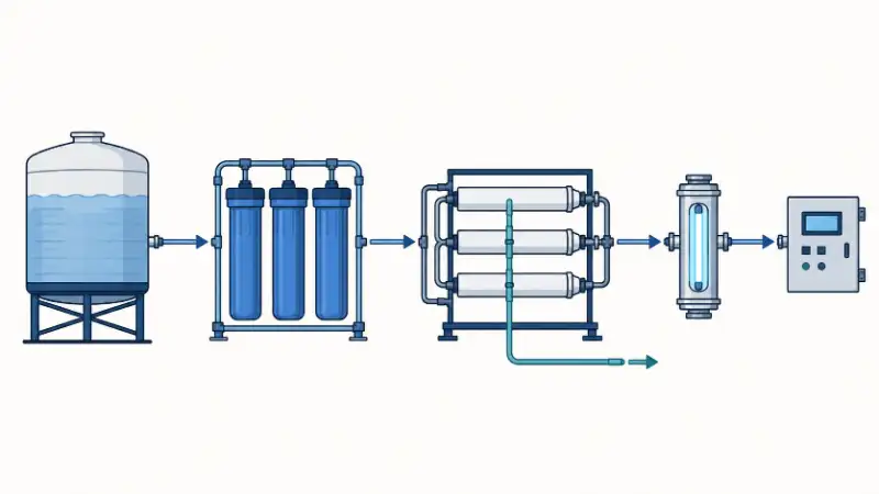 Water treatment process train showing pretreatment filtration, reverse osmosis, post-treatment UV, and monitoring controls in sequence