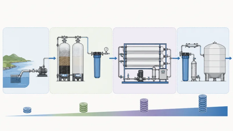 Process flow diagram of a water treatment train showing pretreatment, reverse osmosis, and polishing stages that each add to system cost