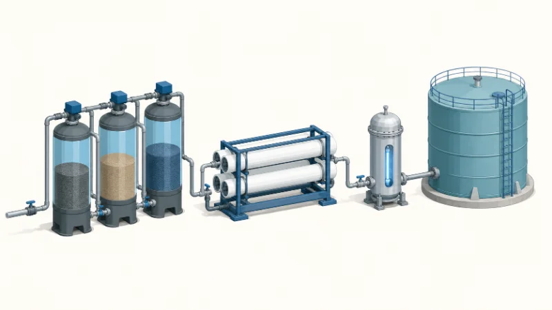 Stylized water treatment process train showing pretreatment, membrane separation, disinfection, and storage stages matched to source water conditions