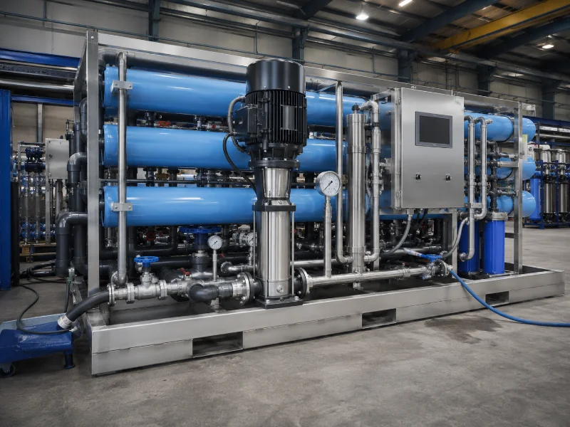 Industrial reverse osmosis skid undergoing hydraulic pressure testing on a factory floor before export, part of pre-shipment supplier verification
