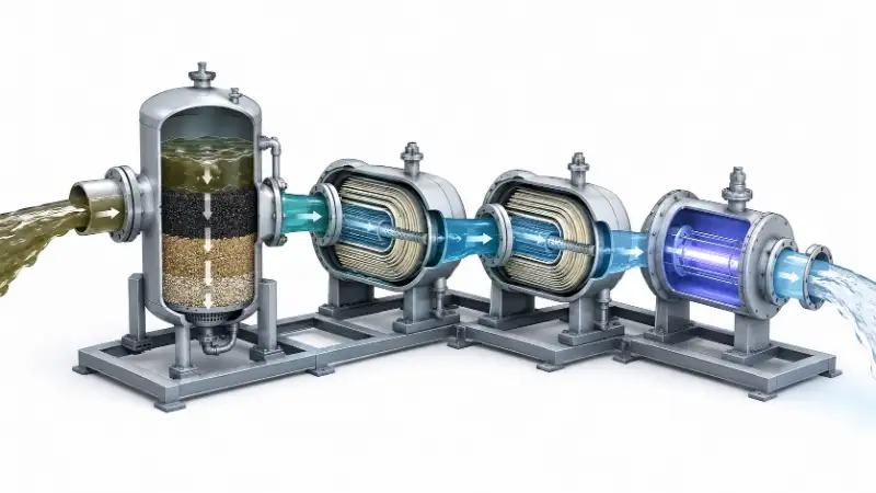 Cutaway of water treatment methods in sequence — media filtration, reverse osmosis membranes, and a UV chamber — with water clarifying from turbid intake to clear output