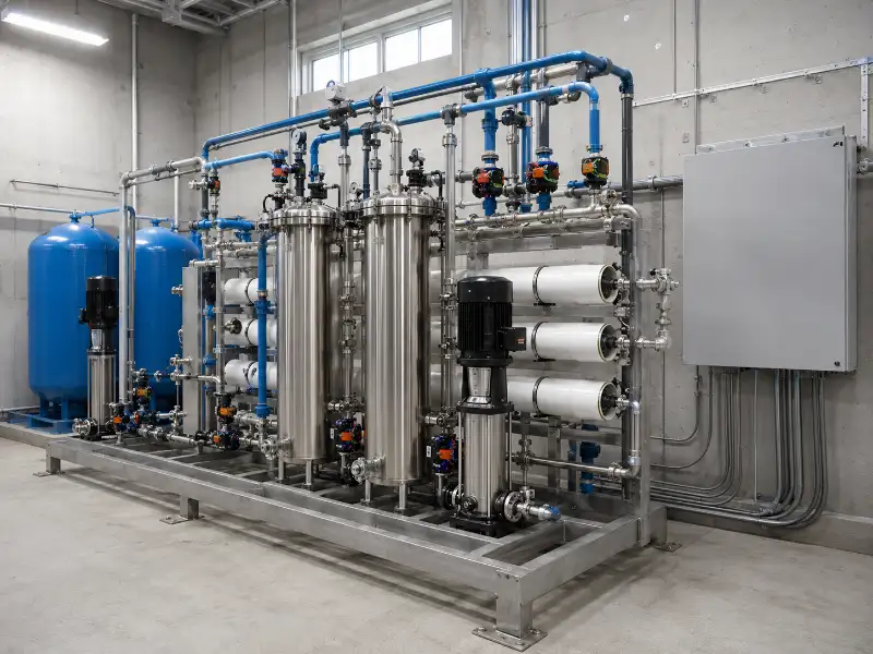 Reverse osmosis and media filtration water treatment equipment installed on skids in an industrial plant, treating process water