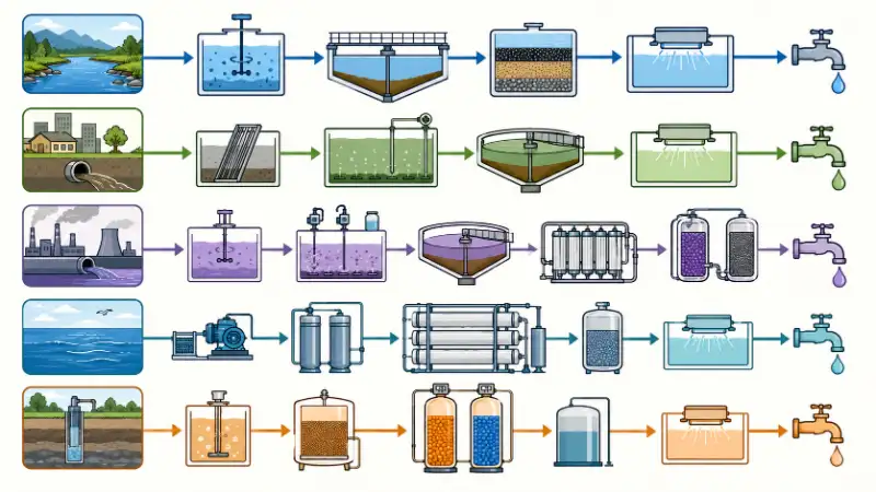 Esquema que compara los trenes de procesos de plantas de tratamiento de agua potable, aguas residuales, efluentes, ósmosis inversa y desmineralización según el agua de alimentación.