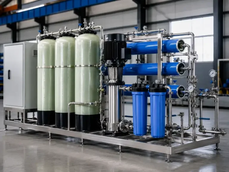 Industrial water treatment system components mounted on a skid, from pretreatment filters and pressure vessels to RO membrane housings and a control panel