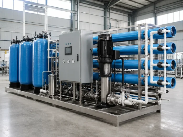 Skid-mounted industrial reverse osmosis water treatment system in a workshop, the kind of capacity and configuration that sets a water treatment system cost