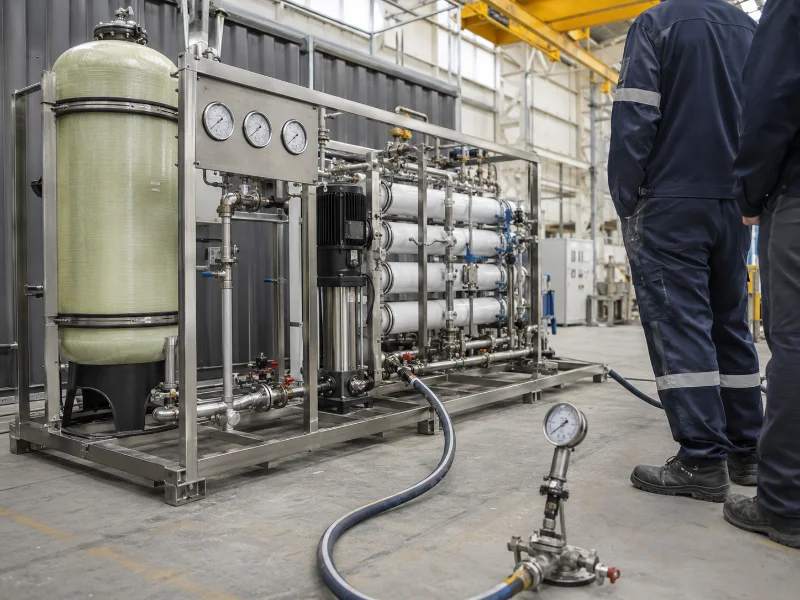 Engineers running a final hydraulic pressure test on a fabricated water treatment skid at a manufacturing facility before export