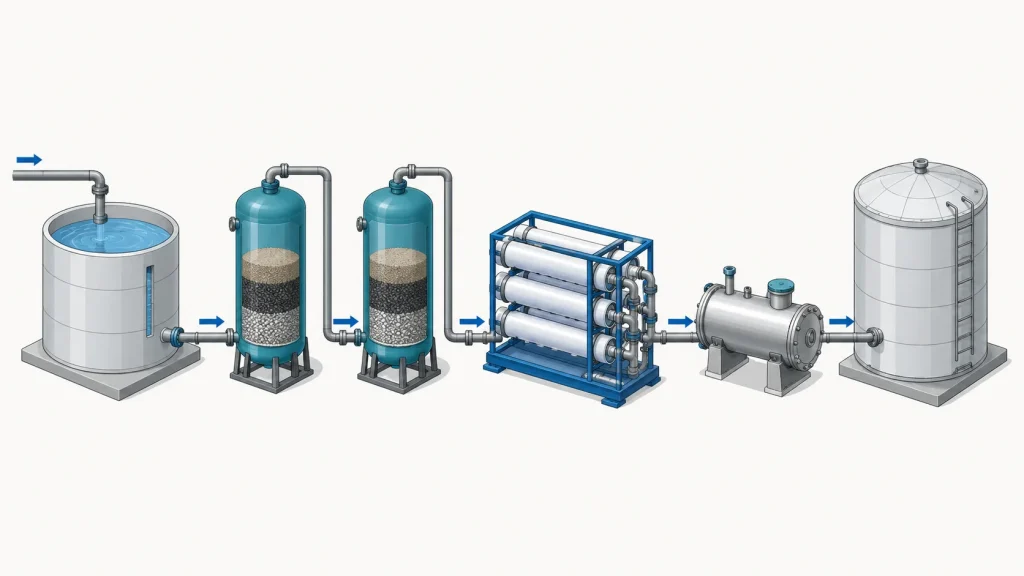 Water treatment train arranged in sequence from pretreatment through reverse osmosis to disinfection