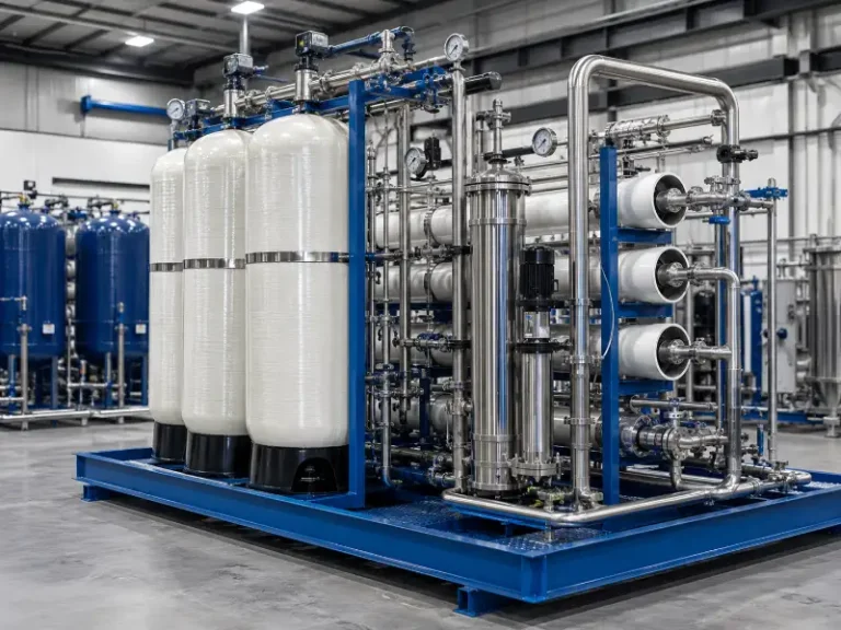 Skid-mounted industrial water treatment system with reverse osmosis vessels and filtration tanks in a fabrication workshop