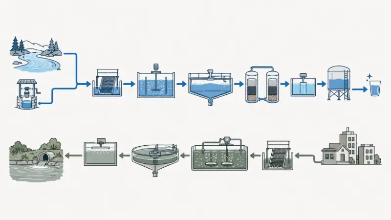 Flow direction diagram comparing a water treatment plant raw water intake with a wastewater treatment plant effluent discharge