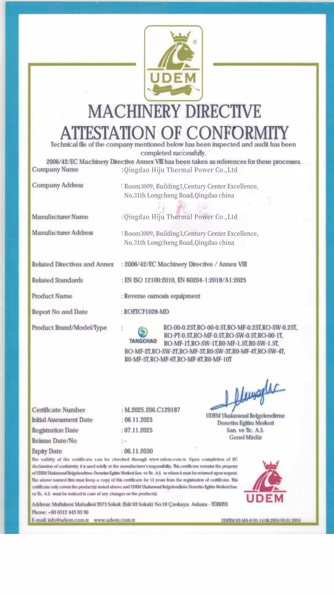 Hiju CE certificate under EU Machinery Directive for RO water treatment equipment