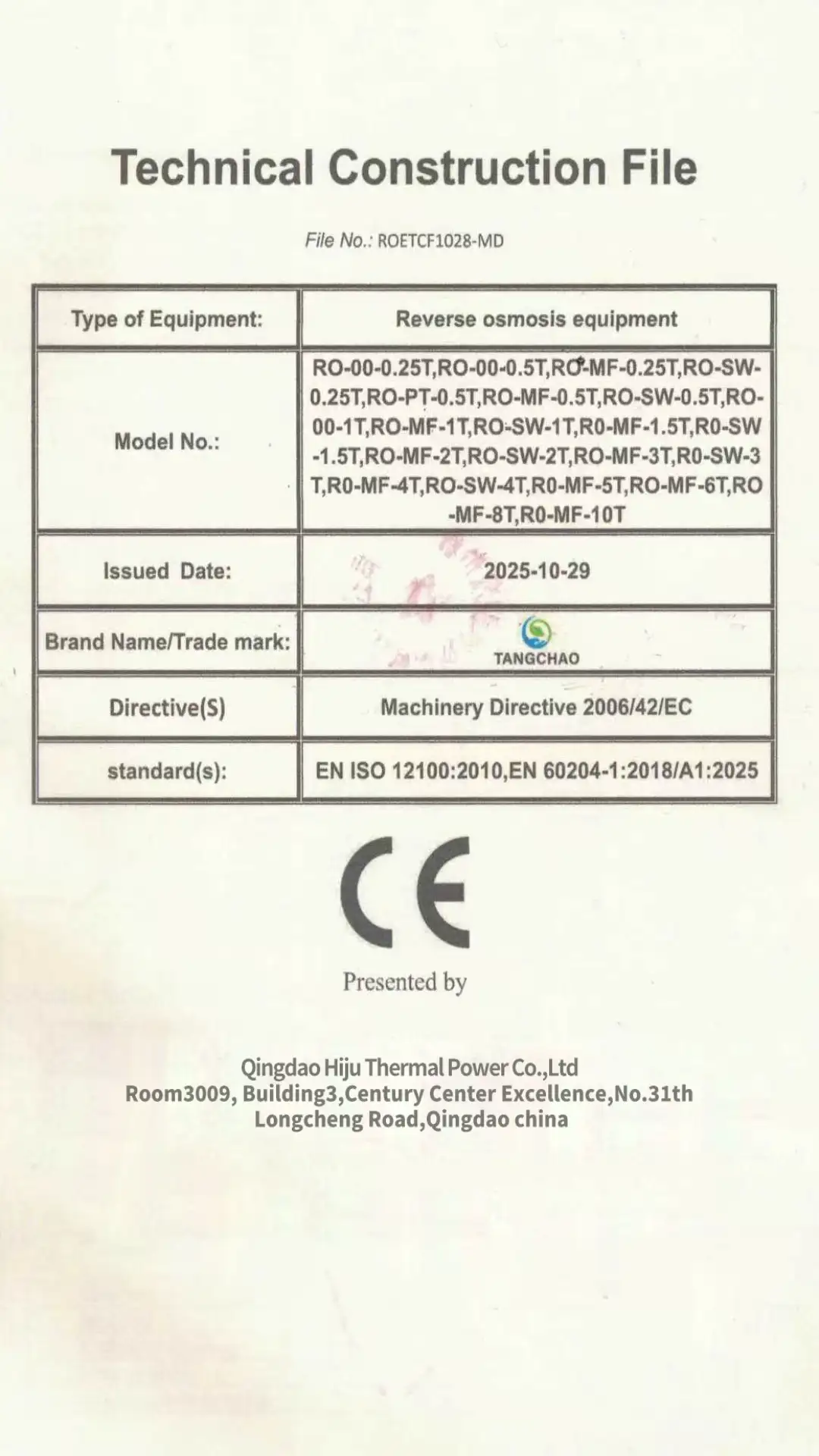 Hiju Technical Construction File supporting CE certification for RO equipment